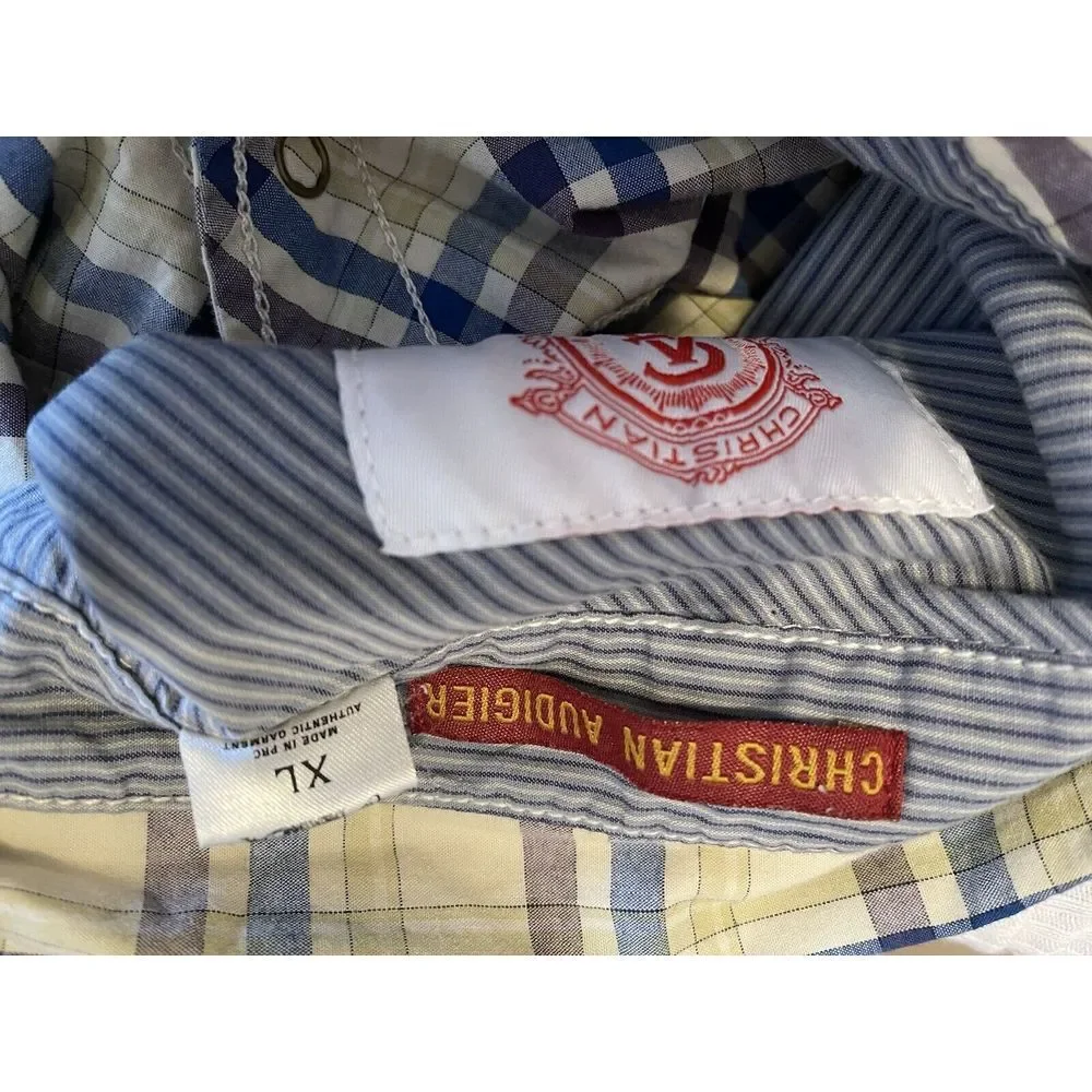 Christian Audigier Shirt size XL Pearl Snap Blue Tan Plaid‎ Long Sleeve Western